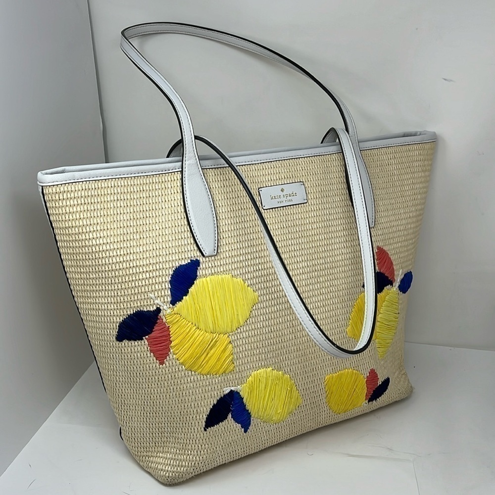 KATE SPADE New York White Leather Ash Straw Lemon Zest Large Tote Bag - Unworn
